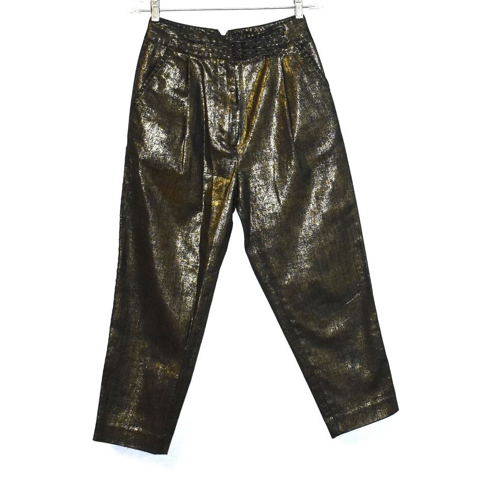 B2 NEW 3.1 PHILLIP LIM Gold Metallic Cotton Pleated Front Cropped Pants Size S